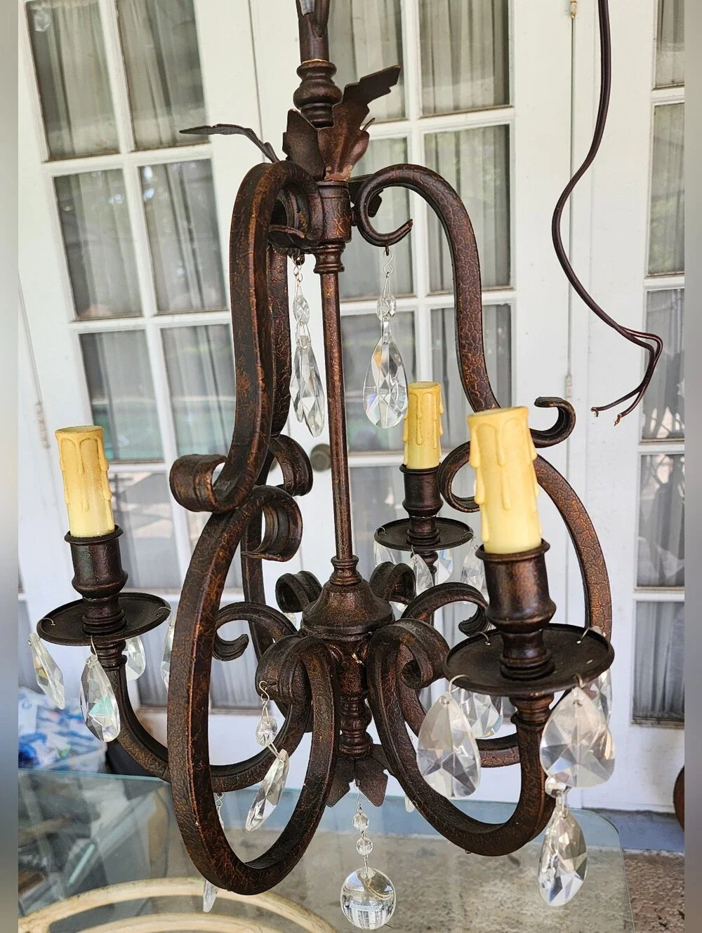 Vintage Bronze Crystal Leaf Semi Flush Mini Chandelier, Rare & Unique